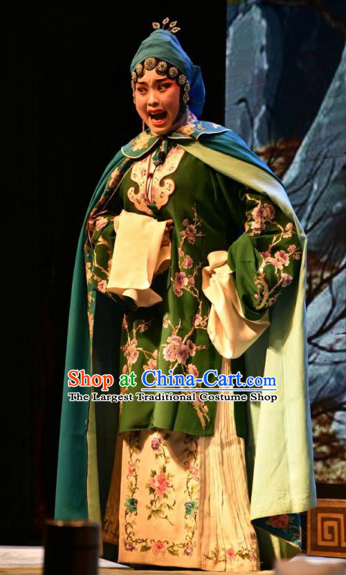 Chinese Jin Opera Young Female Garment Costumes and Headdress Shi Zi Jing Feng Traditional Shanxi Opera Actress Apparels Hua Tan Green Dress