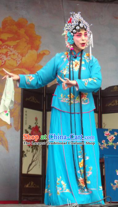 Chinese Henan Opera Young Female Gao Qiufang Garment Costumes and Headdress Feng Xue Pei Traditional Qu Opera Rich Lady Apparels Actress Blue Dress