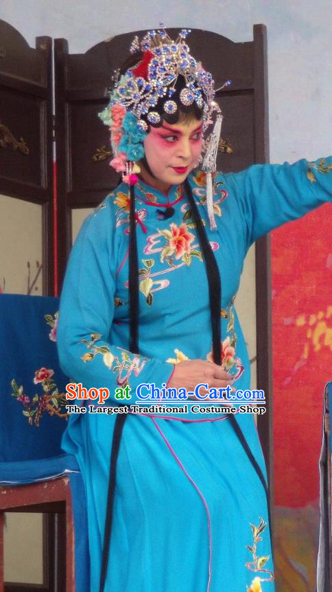 Chinese Henan Opera Young Female Gao Qiufang Garment Costumes and Headdress Feng Xue Pei Traditional Qu Opera Rich Lady Apparels Actress Blue Dress