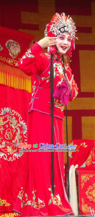 Chinese Henan Opera Bride Gao Qiufang Garment Costumes and Headdress Feng Xue Pei Traditional Qu Opera Rich Lady Apparels Actress Red Dress