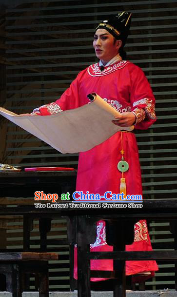 Hua Long Dian Jing Chinese Lu Opera Xiaosheng Apparels Costumes and Headpieces Traditional Shandong Opera Young Male Garment Li Shimin Red Clothing