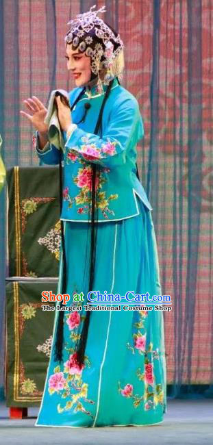 Chinese Shandong Opera Young Beauty Garment Costumes and Headdress Long Feng Mian Traditional Lu Opera Hua Tan Apparels Actress Liang Saijin Blue Dress