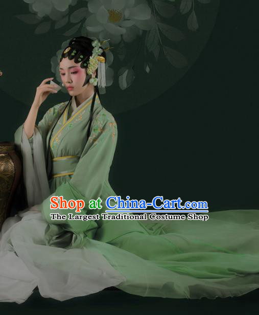 Chinese Drama Ancient Noble Female Green Dress Traditional Beijing Opera Hanfu Apparels Ming Dynasty Patrician Lady Historical Costumes and Headdress Complete Set