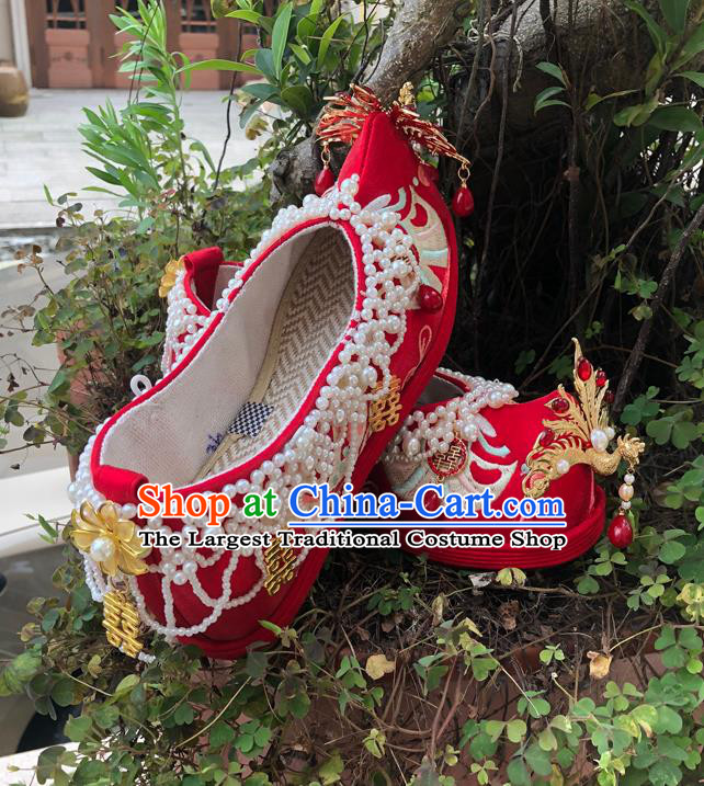 Chinese Traditional Wedding Red Embroidered Shoes Cloth Shoes Hanfu Shoes Ancient Princess Pearls Bow Shoes for Women