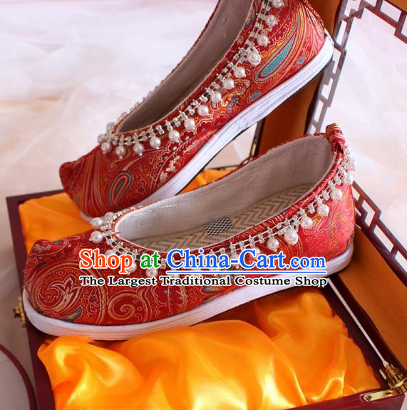 Chinese Handmade Wedding Red Satin Shoes Traditional Pearls Hanfu Shoes Women Embroidered Shoes Ancient Princess Shoes