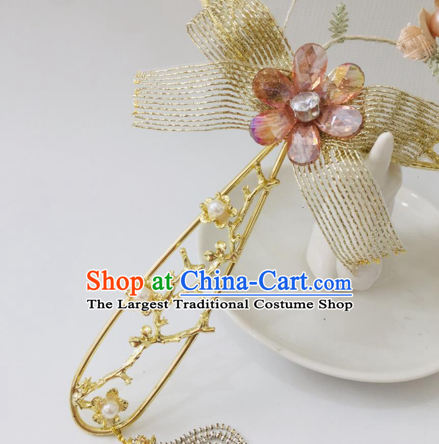 Chinese Ancient Wedding Bowknot Round Fan Palace Fan Handmade Bride Prop Traditional Golden Butterfly Hanfu Fan