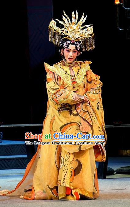 Chinese Han Opera Empress Garment Costumes and Headdress You Meng Yi Guan Traditional Hubei Hanchu Opera Hua Tan Apparels Queen Fan Ji Dress