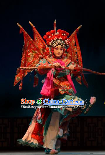 Chinese Han Opera Tao Ma Tan Garment Ni Chang Chang Ge Costumes and Headdress Traditional Hubei Hanchu Opera Female General Zhong Wuyan Apparels Red Kao Dress with Flags