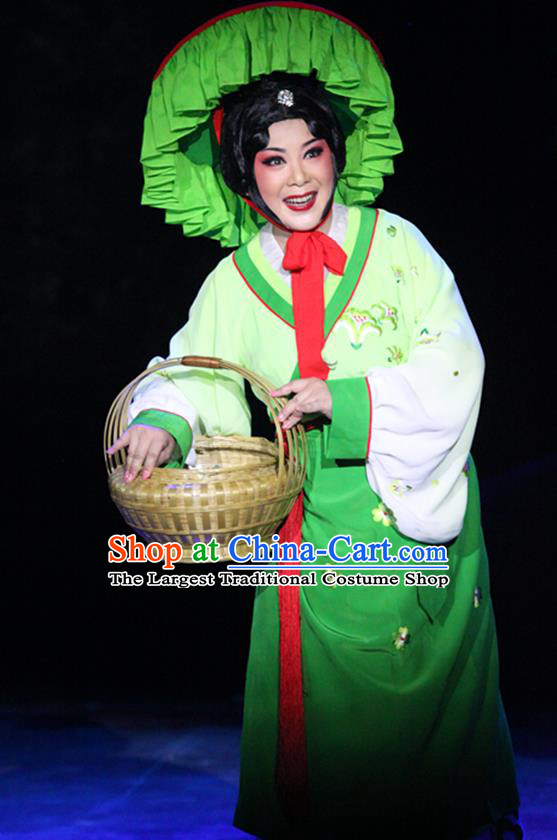 Chinese Han Opera Hua Tan Garment Legend of Meng Jiangnv Costumes and Headdress Traditional Hubei Hanchu Opera Country Woman Apparels Diva Green Dress