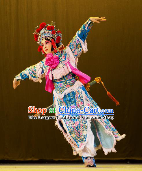 Chinese Han Opera Martial Woman Garment Hu Jia Zhuang Costumes and Headdress Traditional Hubei Hanchu Opera Actress Apparels Female Swordsman Hu Sanniang Dress