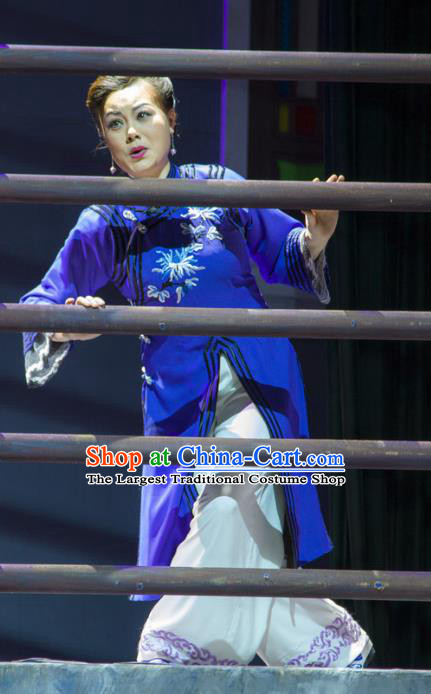 Chinese Han Opera Female Garment Shi Niang Costumes and Headdress Traditional Hubei Hanchu Opera Young Woman Apparels Blue Dress
