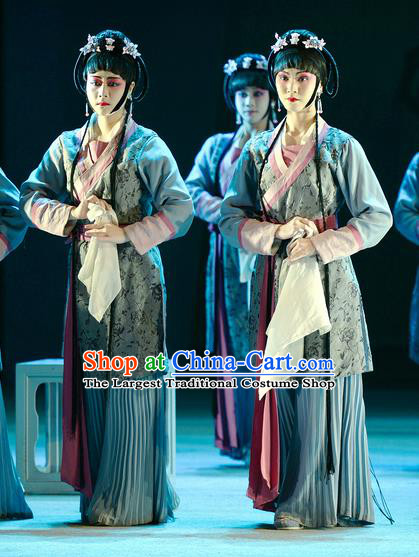 Chinese Han Opera Maid Lady Lan Xiang Garment Jin Lian Costumes and Headdress Traditional Hubei Hanchu Opera Xiaodan Apparels Servant Girl Dress