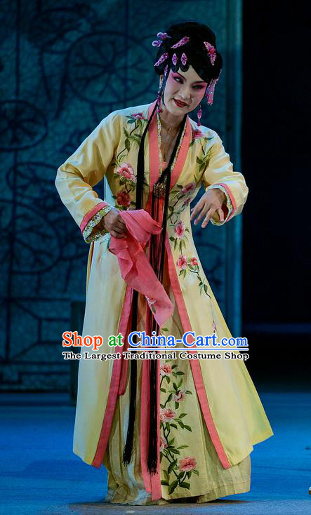 Chinese Han Opera Diva Pan Jinlian Garment Jin Lian Costumes and Headdress Traditional Hubei Hanchu Opera Young Female Apparels Hua Tan Yellow Dress