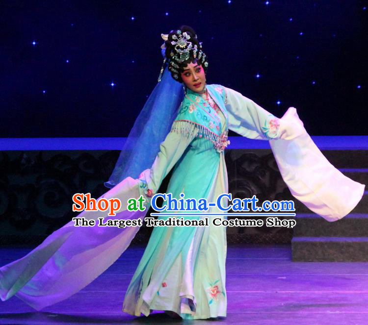 Chinese Cantonese Opera Diva Garment The Peony Pavilion Costumes and Headdress Traditional Guangdong Opera Actress Apparels Hua Tan Du Liniang Blue Dress
