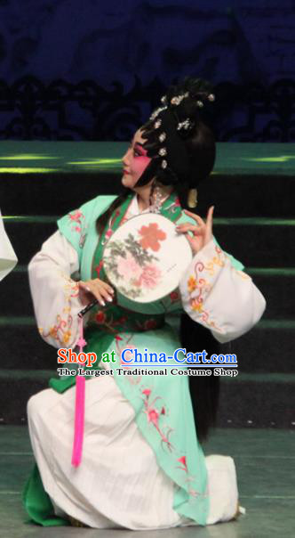 Chinese Cantonese Opera Servant Girl Garment The Peony Pavilion Costumes and Headdress Traditional Guangdong Opera Xiaodan Apparels Chun Xiang Green Dress