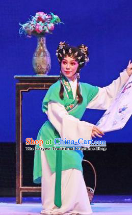 Chinese Cantonese Opera Maid Lady Garment The Peony Pavilion Costumes and Headdress Traditional Guangdong Opera Xiaodan Apparels Chun Xiang Green Dress