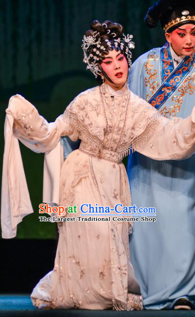 Chinese Cantonese Opera Young Mistress Garment The Fairy Tale of White Snake Costumes and Headdress Traditional Guangdong Opera Hua Tan Apparels Bai Suzhen Dress