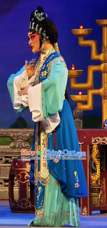 Chinese Cantonese Opera Young Beauty Garment Costumes and Headdress Traditional Guangdong Opera Diva Xi Shi Apparels Hua Tan Blue Dress