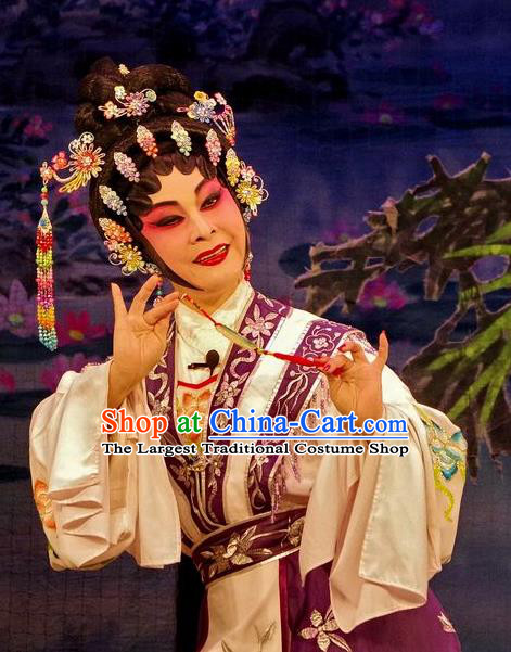 Chinese Cantonese Opera Hua Tan Garment Qian Tang Su Xiaoxiao Costumes and Headdress Traditional Guangdong Opera Actress Apparels Courtesan Purple Dress