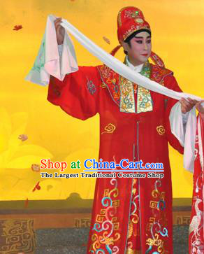 Southern Tang Emperor Chinese Guangdong Opera Monarch Red Apparels Costumes and Headpieces Traditional Cantonese Opera Young Male Garment Xiaosheng Li Yu Clothing