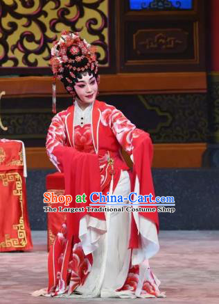 Chinese Cantonese Opera Actress San Niang Garment Liu Yi Delivers A Letter Costumes and Headdress Traditional Guangdong Opera Dragon Princess Bride Red Dress