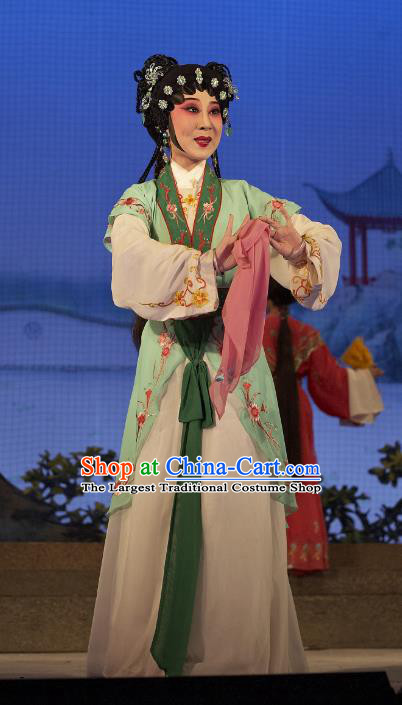 Chinese Cantonese Opera Young Lady A Xiu Garment Legend of Lun Wenxu Costumes and Headdress Traditional Guangdong Opera Xiaodan Apparels Servant Girl Dress