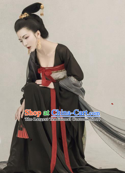 Chinese Traditional Drama Ancient Goddess Black Hanfu Dress Apparels Tang Dynasty Imperial Consort Historical Costumes and Headpieces Complete Set for Women