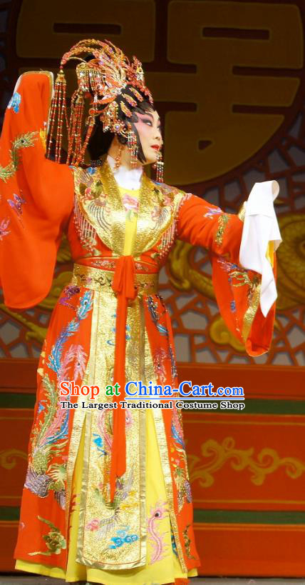 Chinese Cantonese Opera Hua Tan Garment Dian Man Gong Zhu Gan Fu Ma Costumes and Headdress Traditional Guangdong Opera Princess Fengxia Apparels Actress Red Dress