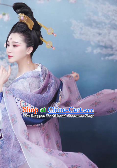 Chinese Traditional Apparels Violet Hanfu Dress Ancient Drama Tang Dynasty Imperial Concubine Historical Costumes and Headwear Complete Set