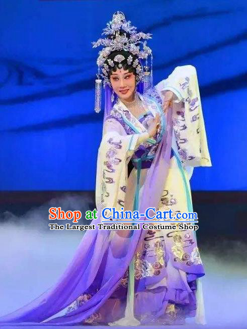 Chinese Cantonese Opera Goddess Garment Goddess Luo Costumes and Headdress Traditional Guangdong Opera Imperial Consort Apparels Hua Tan Purple Dress