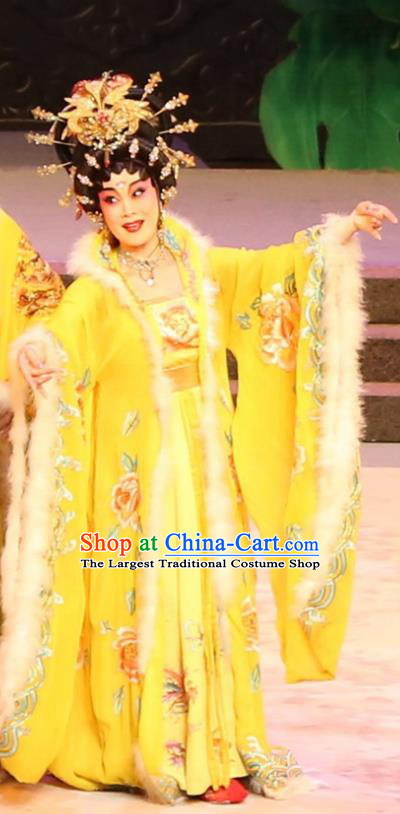 Chinese Cantonese Opera Young Beauty Garment the Ode of Peony Costumes and Headdress Traditional Guangdong Opera Queen Apparels Actress Yellow Dress