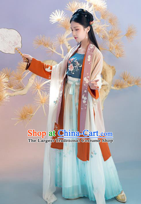 Chinese Traditional Embroidered Apparels Ancient Song Dynasty Young Lady Hanfu Dress Historical Costumes Complete Set