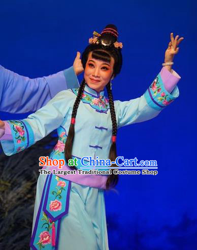 Chinese Cantonese Opera Village Girl Garment Zhuang Yuan Lin Zhaotang Costumes and Headdress Traditional Guangdong Opera Xiaodan Apparels Young Lady Blue Dress