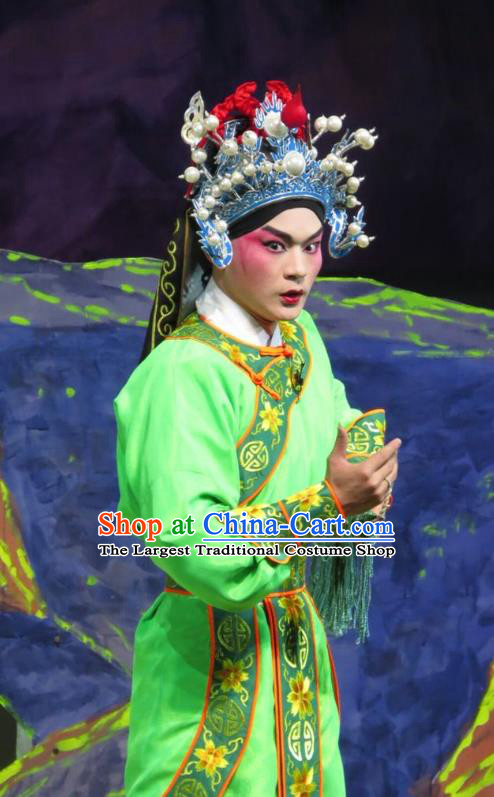 The Strange Stories Chinese Guangdong Opera Wusheng Apparels Costumes and Headwear Traditional Cantonese Opera Martial Male Garment Pang Biao Green Clothing