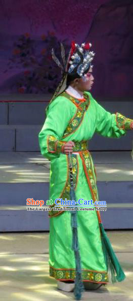 The Strange Stories Chinese Guangdong Opera Wusheng Apparels Costumes and Headwear Traditional Cantonese Opera Martial Male Garment Pang Biao Green Clothing