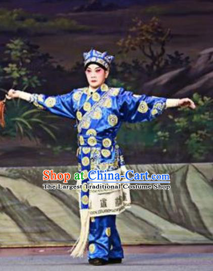 Chinese Guangdong Opera Wusheng Apparels Costumes and Headwear Traditional Cantonese Opera Martial Male Garment Blue Clothing