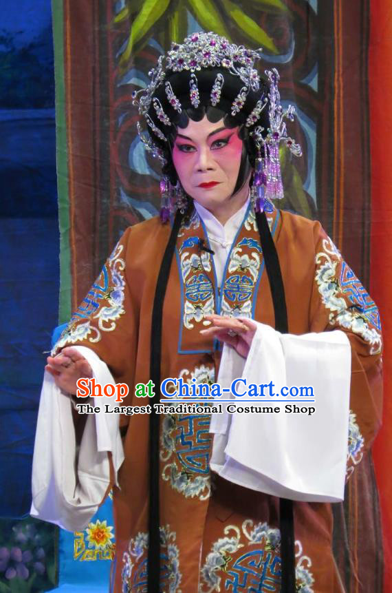 Chinese Cantonese Opera Noble Dame Garment Wu Nv Bai Shou Costumes and Headdress Traditional Guangdong Opera Elderly Female Apparels Mistress Dress