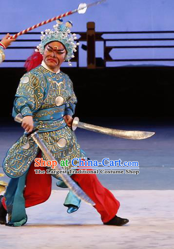 Liu Jinding Chinese Guangdong Opera Martial Male Apparels Costumes and Headwear Traditional Cantonese Opera Wusheng Garment Warrior Blue Clothing
