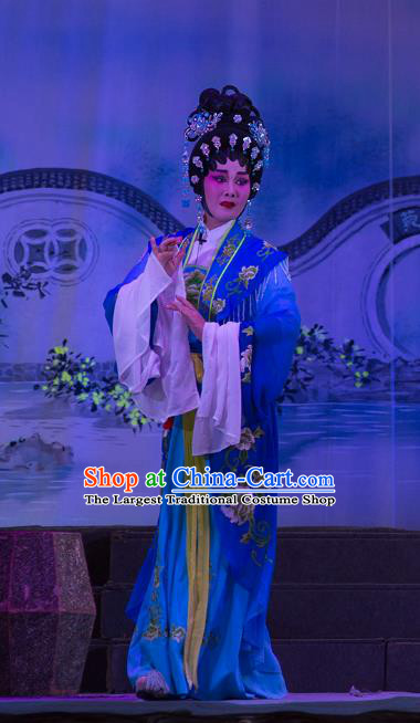 Chinese Cantonese Opera Young Female Garment Wu Suo Dong Gong Costumes and Headdress Traditional Guangdong Opera Princess Apparels Actress Blue Dress