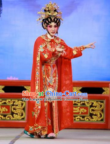 Chinese Cantonese Opera Swordswoman Liu Jinding Garment San Kan Yu Mei Costumes and Headdress Traditional Guangdong Opera Wudan Apparels Martial Female Red Dress