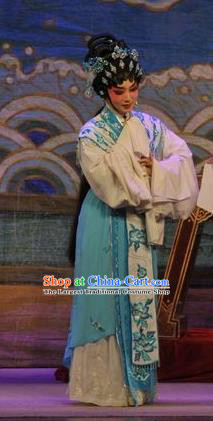 Chinese Cantonese Opera Young Female Garment Da Nao Mei Zhi Fu Costumes and Headdress Traditional Guangdong Opera Actress Apparels Hua Tan Blue Dress