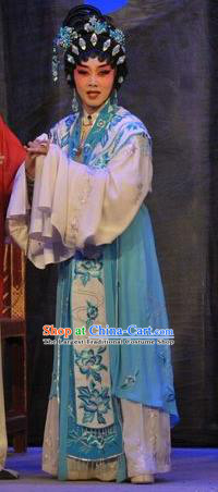 Chinese Cantonese Opera Young Female Garment Da Nao Mei Zhi Fu Costumes and Headdress Traditional Guangdong Opera Actress Apparels Hua Tan Blue Dress