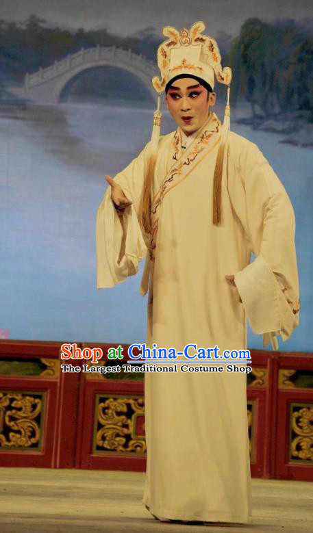 Lou Tai Hui Chinese Guangdong Opera Young Male Apparels Costumes and Headwear Traditional Cantonese Opera Xiaosheng Garment Scholar Liang Shanbo Beige Robe Clothing