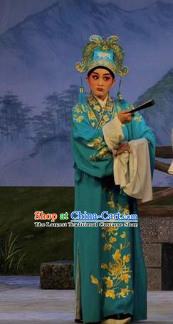 Lou Tai Hui Chinese Guangdong Opera Zhu Yingtai Apparels Costumes and Headwear Traditional Cantonese Opera Scholar Garment Xiaosheng Blue Robe Clothing