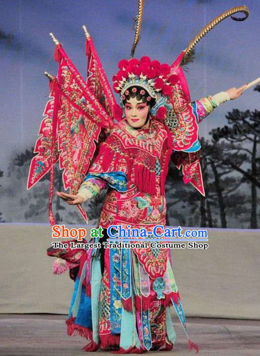 Chinese Cantonese Opera Female General Armor Garment Fan Lihua Return Tang Costumes and Headdress Traditional Guangdong Opera Apparels Tao Ma Tan Dress with Flags