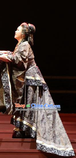Chinese Historical Drama King of Nanyue Ancient Noble Dame Garment Costumes Traditional Stage Show Elderly Female Dress Han Dynasty Dowager Countess Apparels and Headpieces