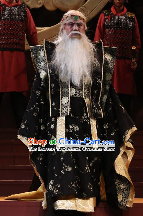 Chinese Traditional Han Dynasty Duke Zhao Tuo Clothing Stage Performance Historical Drama King of Nanyue Elderly Male Apparels Costumes Ancient Lord Black Garment and Headwear