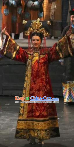 Chinese Historical Drama Yangshi Lei Ancient Empress Garment Costumes Traditional Stage Show Dress Qing Dynasty Court Queen Cixi Red Apparels and Headpieces