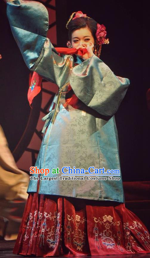 Chinese Historical Drama Peach Blossom Fan Ancient Procuress Garment Costumes Traditional Stage Show Dress Ming Dynasty Madam Apparels and Headpieces