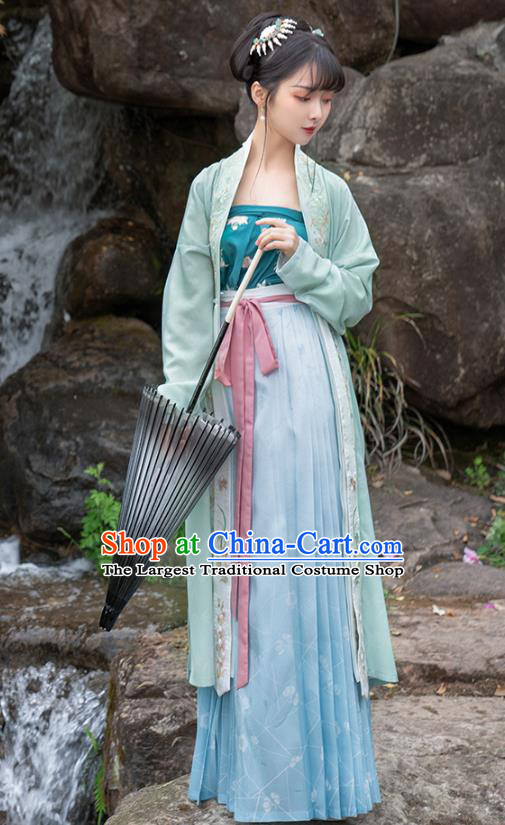 Traditional Chinese Song Dynasty Young Lady Hanfu Dress Apparels Ancient Village Girl Embroidered Long BeiZi and Skirt Historical Costumes Full Set